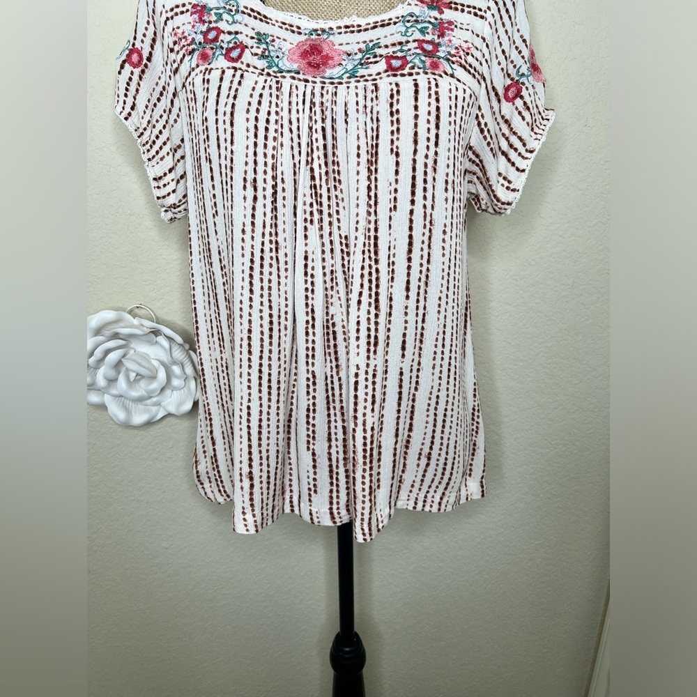 NTM: Savanna Jane Dot Striped Floral Embroidered Peasant Blouse Sz Large - Picture 4 of 15
